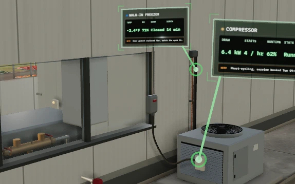 Growbud AI digital twin: walk-in freezer and compressor with live readouts floating over the equipment, including a short-cycling alert on the compressor