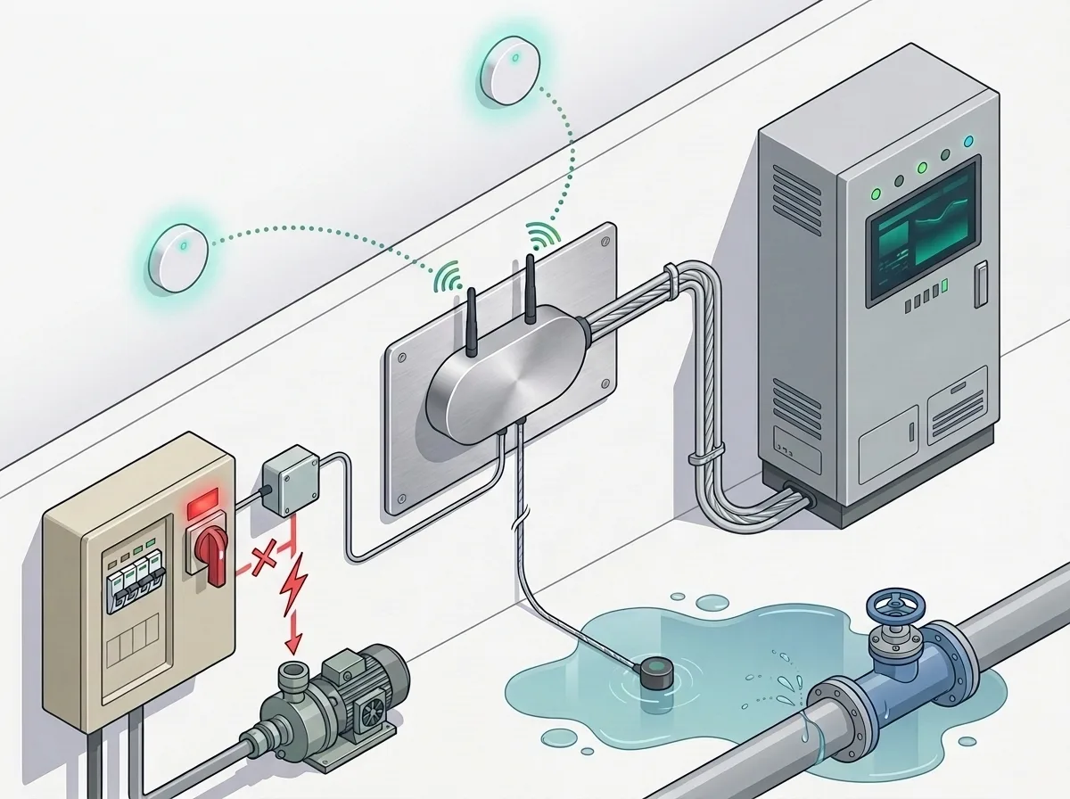Controller wired to a building automation cabinet over RS-485 BACnet, with a floor leak probe, a relay cutting pump power, and wireless air-quality monitors