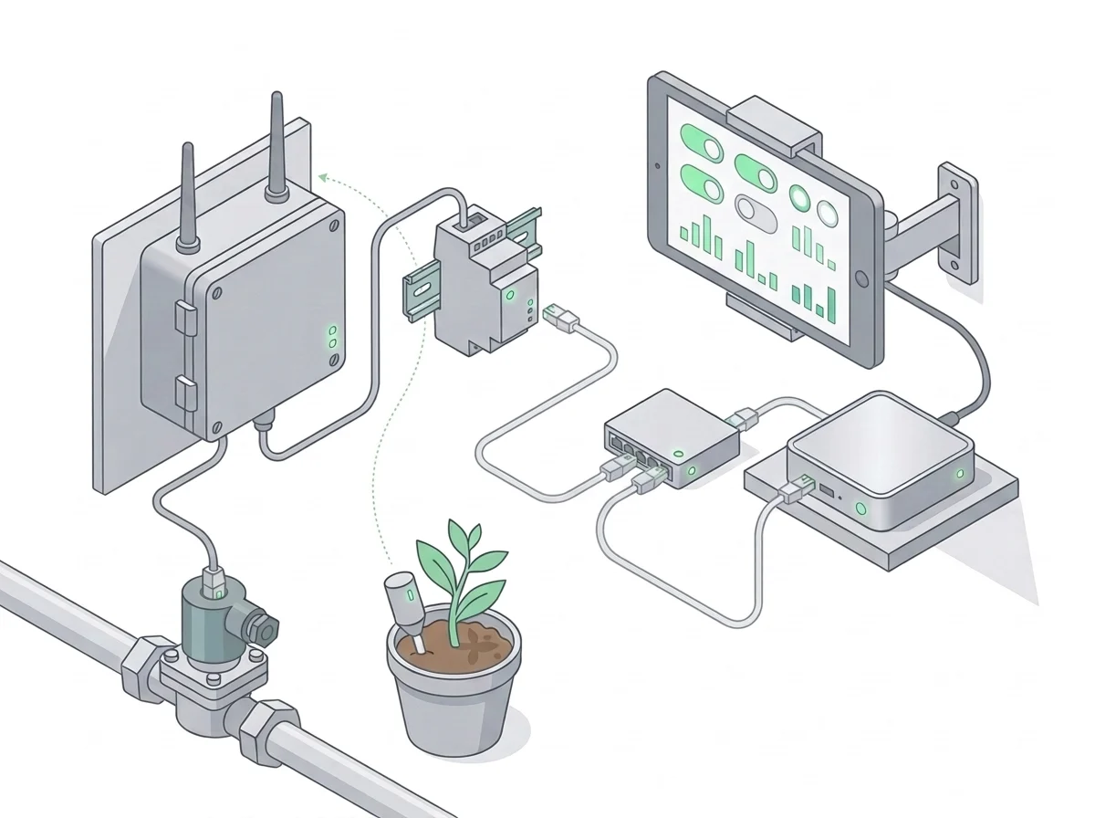 Controller wired through an RS-485 to Ethernet adapter and a network switch to a small home server on the same LAN, with a wall tablet dashboard, an irrigation valve, and a soil probe