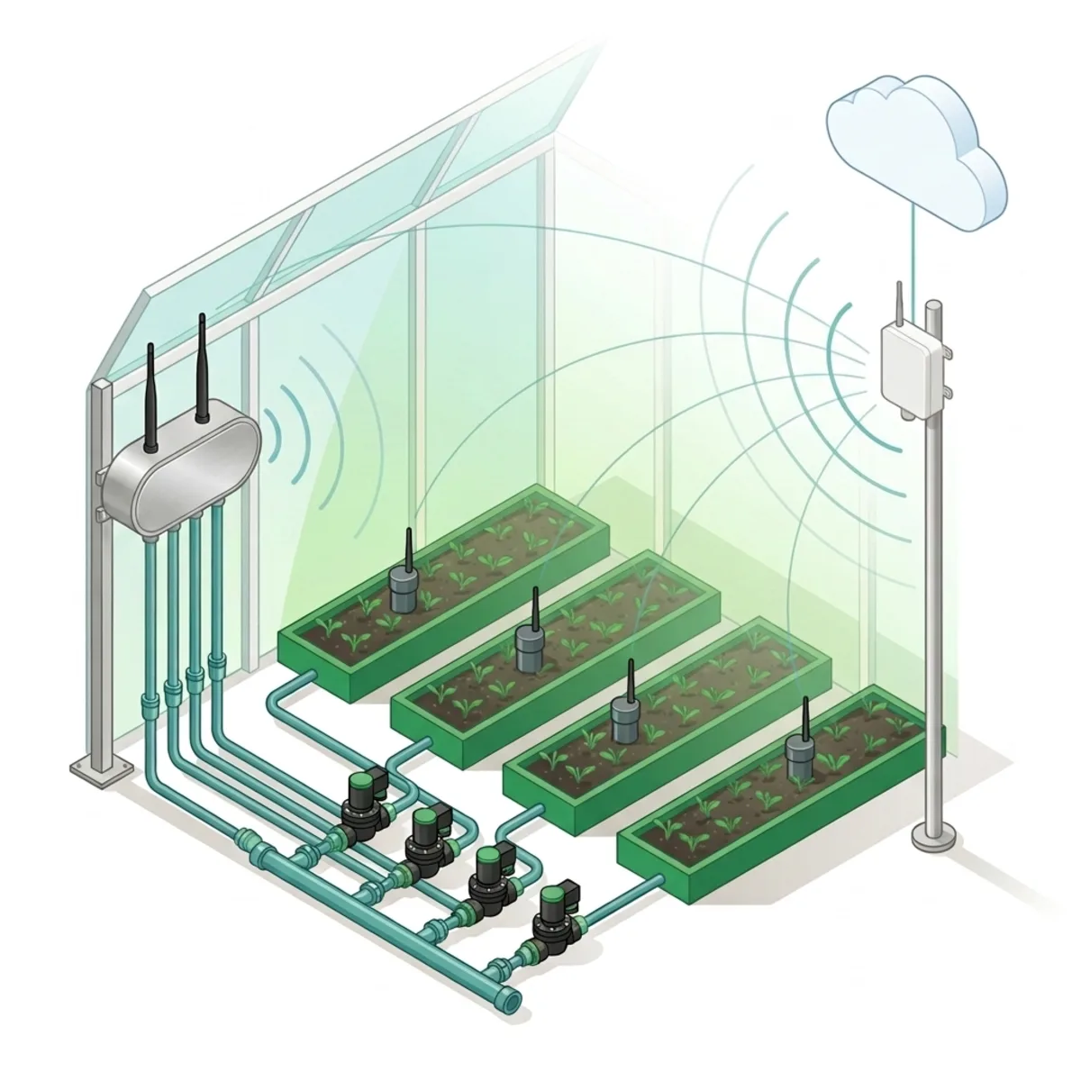 Controller and soil sensors joining a Growbud LoRaWAN gateway while driving four AC irrigation valves in a greenhouse