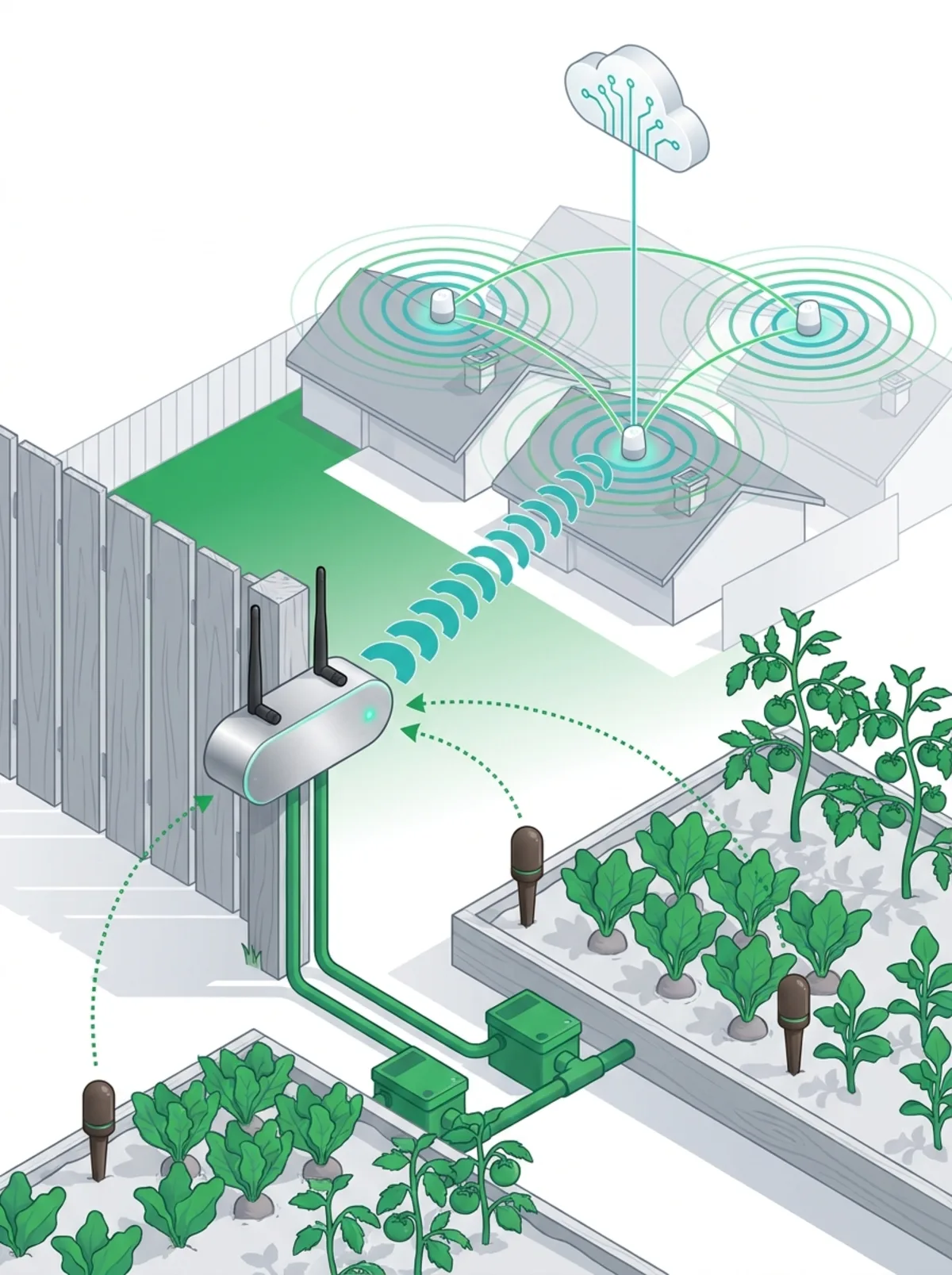 Backyard controller connecting directly to the Amazon Sidewalk neighborhood network with sensors linked over Bluetooth and two DC valves