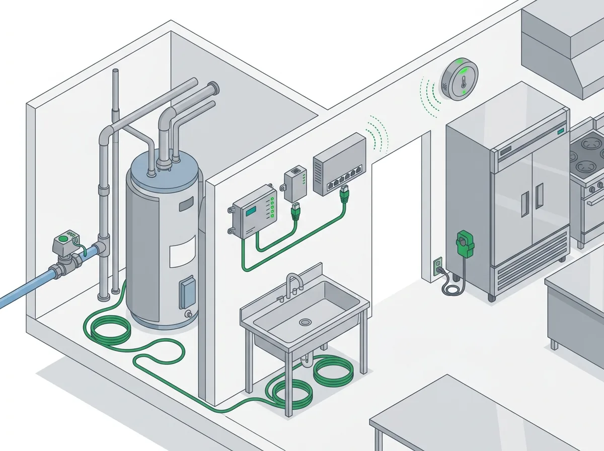 Facility installation with a Growbud Controller connected through an RS485-to-Ethernet converter, leak detection cable around a water heater and sink, a motorized shutoff valve, an air quality sensor, and a refrigeration power monitor