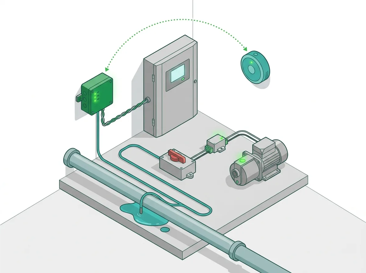 Growbud Controller wired to a building automation panel over RS-485 BACnet with a floor leak cable, a dry-contact relay shutting off a pump, and a wireless air quality sensor