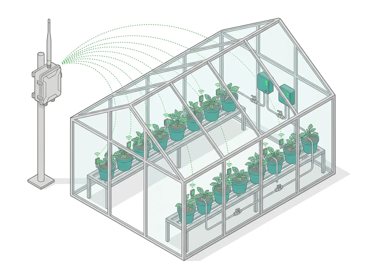 Greenhouse with sixteen Dro sensors in bench pots reporting wirelessly to an outdoor LoRaWAN gateway while two Growbud Controllers run irrigation valves