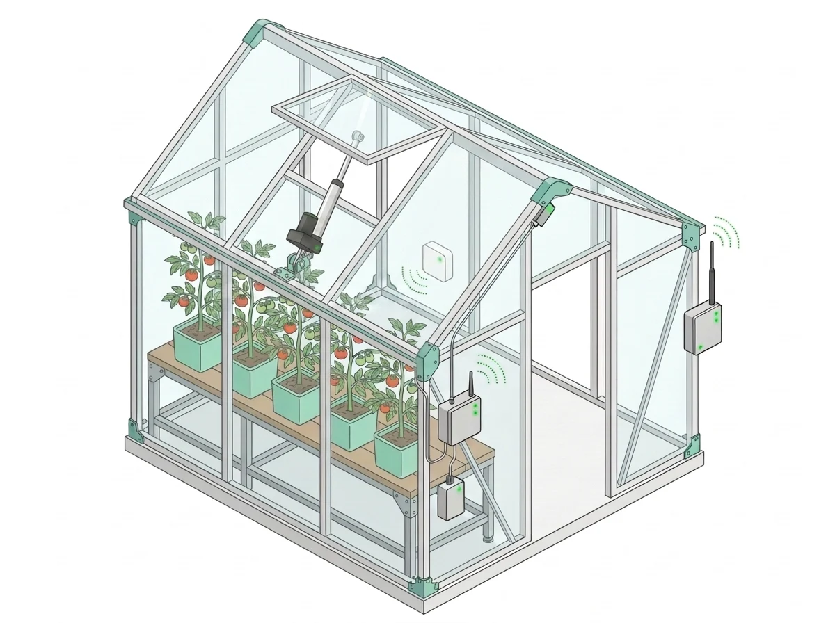 Greenhouse cutaway with a linear actuator opening the ridge vent, a Controller and 24 V supply on a bench post, a CO2 sensor hanging at canopy height, and an outdoor gateway on the end wall