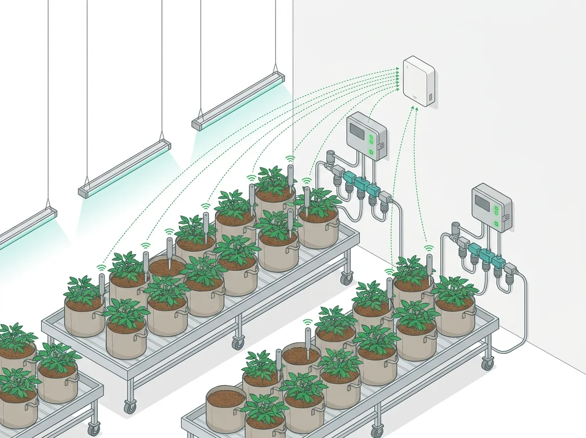 Indoor coco room with Dro sensors in fabric pots on rolling tables reporting to an indoor gateway while two Growbud Controllers feed drip manifolds