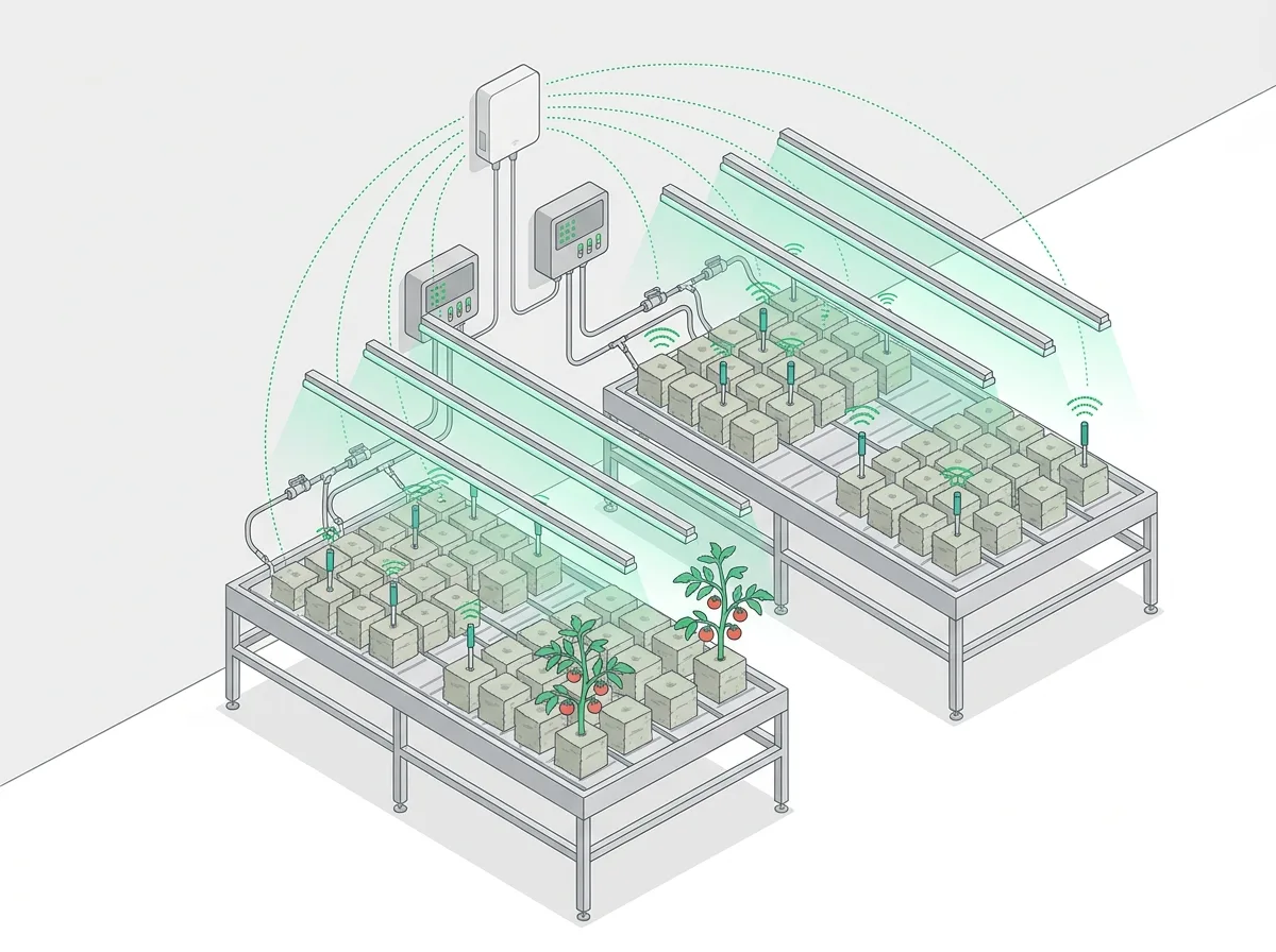 Indoor grow room with Vero sensors in rockwool cubes on two tables reporting to an indoor gateway while two Growbud Controllers feed drip irrigation lines