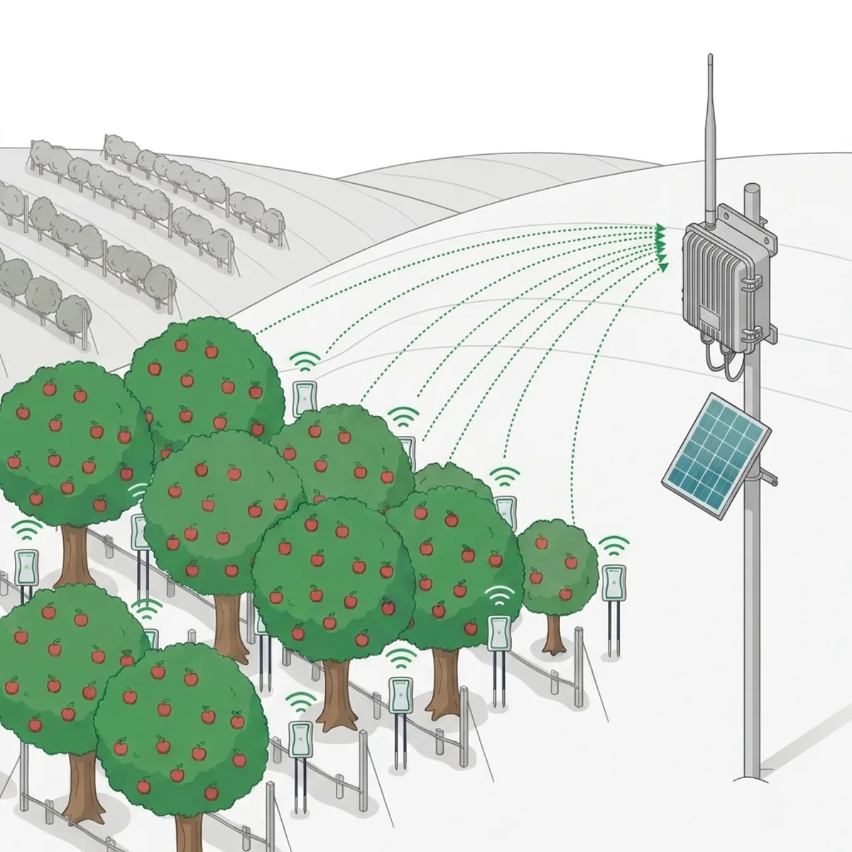 Apple orchard rows with sixteen small Dro sensor stakes at the tree bases reporting wirelessly to a pole-mounted solar-powered outdoor LoRaWAN gateway