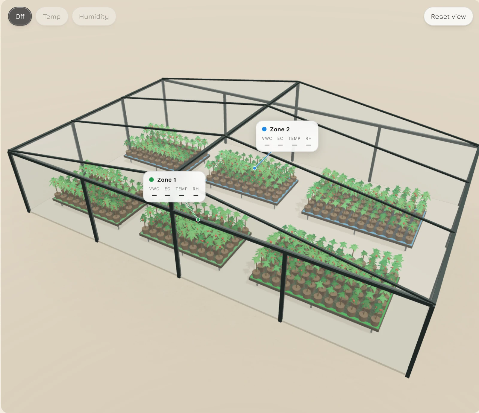 The Growbud app layout view in 3D: a greenhouse with six benches of plants painted into two zones