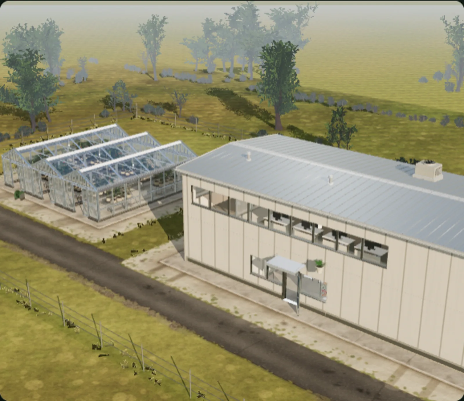 The Growbud app layout view in 3D: a three-bay greenhouse and a two-storey building with curing, drying, and cold rooms, a warehouse, and an office on one site